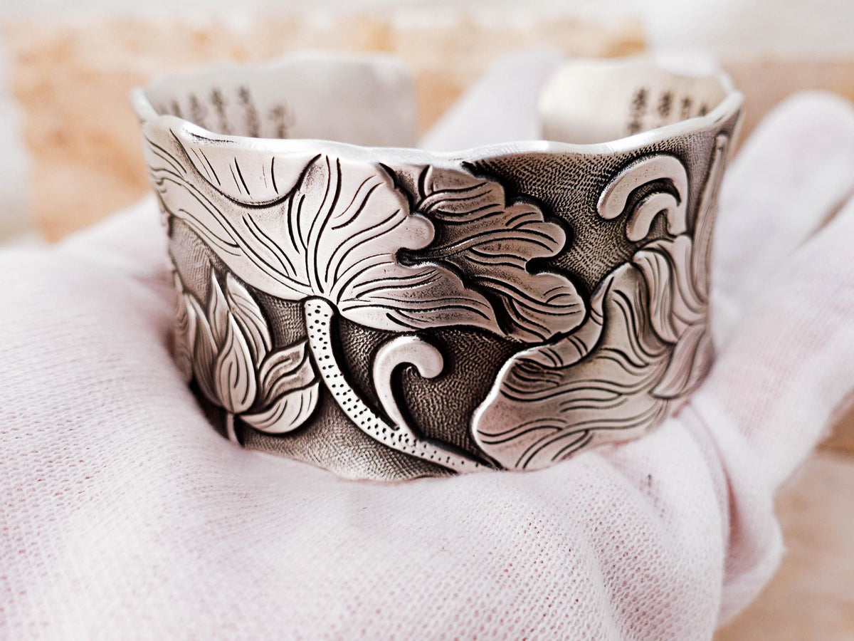 Sterling Silver Wide Cuff Bracelet, Vintage Engraving Lotus Bangle, Gift for Her Mom Wife