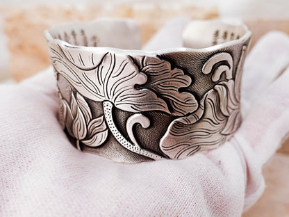 Sterling Silver Wide Cuff Bracelet, Vintage Engraving Lotus Bangle, Gift for Her Mom Wife