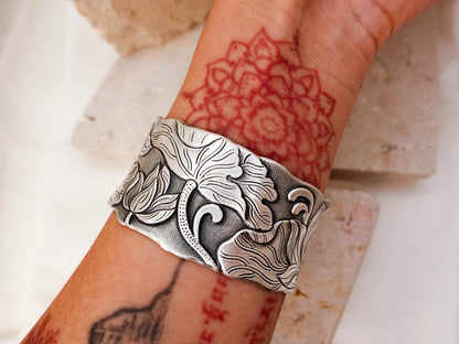 Sterling Silver Cuff Bracelet, Lotus Meditation Fine Jewelry Women Men, Mindfulness Wide Bangle, Protect Spiritual Gift for Her Him Mom Wife