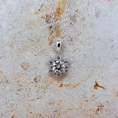 Sterling Silver Moissanite Hexagram Star Necklace, Winter Snow Star of Light
