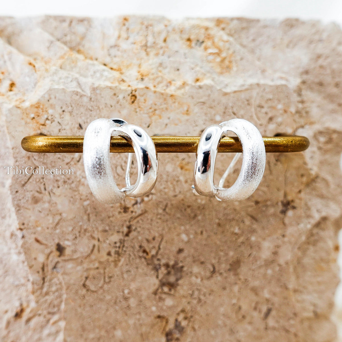 925 Sterling Silver Double Hoop Earrings, Mixed Texture Design Jewelry Gift for Her