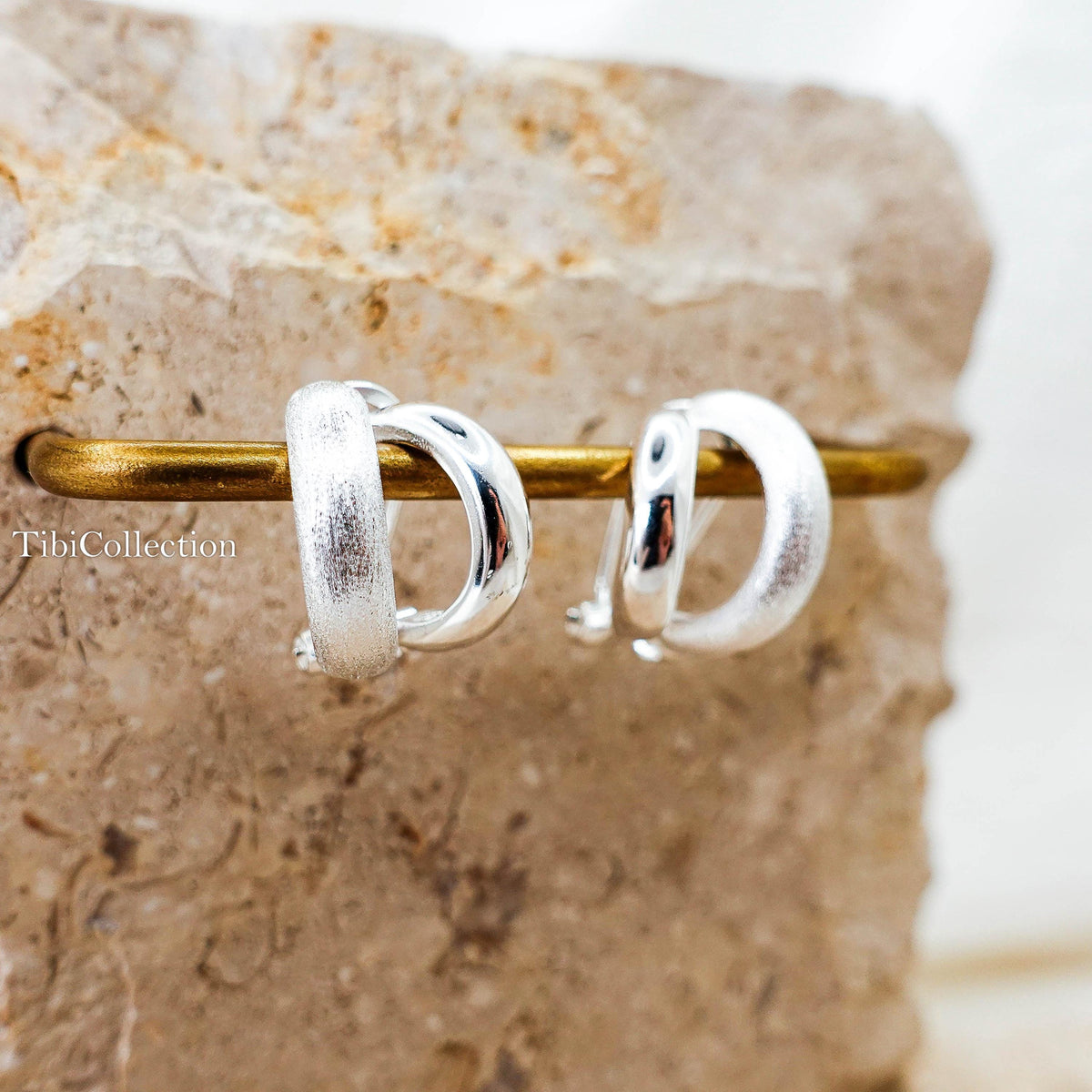 925 Sterling Silver Double Hoop Earrings, Mixed Texture Design Jewelry Gift for Her