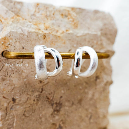925 Sterling Silver Double Hoop Earrings, Mixed Texture Design Jewelry Gift for Her