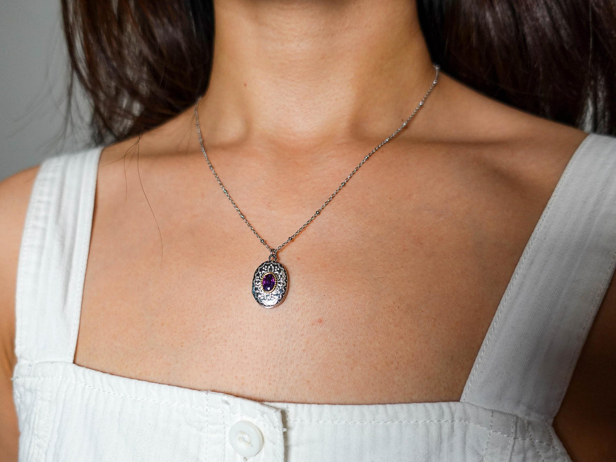 Sterling Silver Amethyst Locket Necklace. Vintage Photo Locket. Jewelry Gift for Mom Her Sis