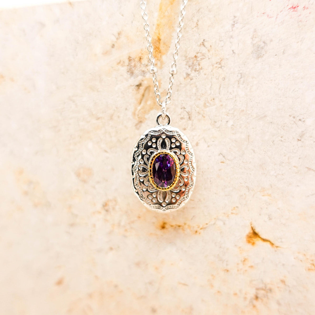 Sterling Silver Amethyst Locket Necklace. Vintage Photo Locket. Jewelry Gift for Mom Her Sis