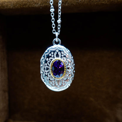 Sterling Silver Amethyst Locket Necklace: Engraved Vintage Photo Pendant