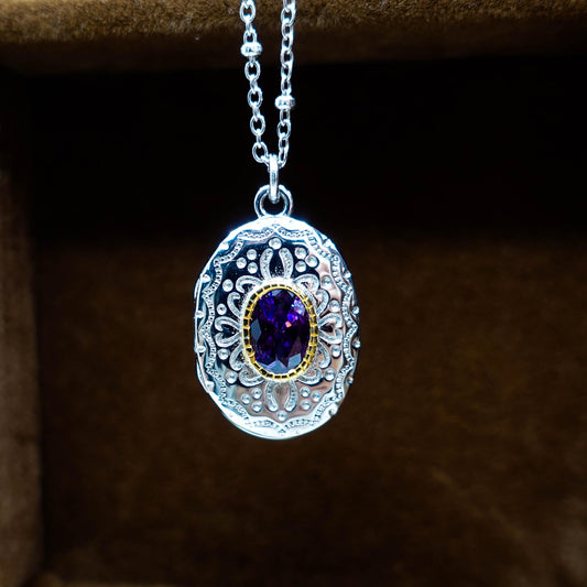 Sterling Silver Amethyst Locket Necklace: Engraved Vintage Photo Pendant
