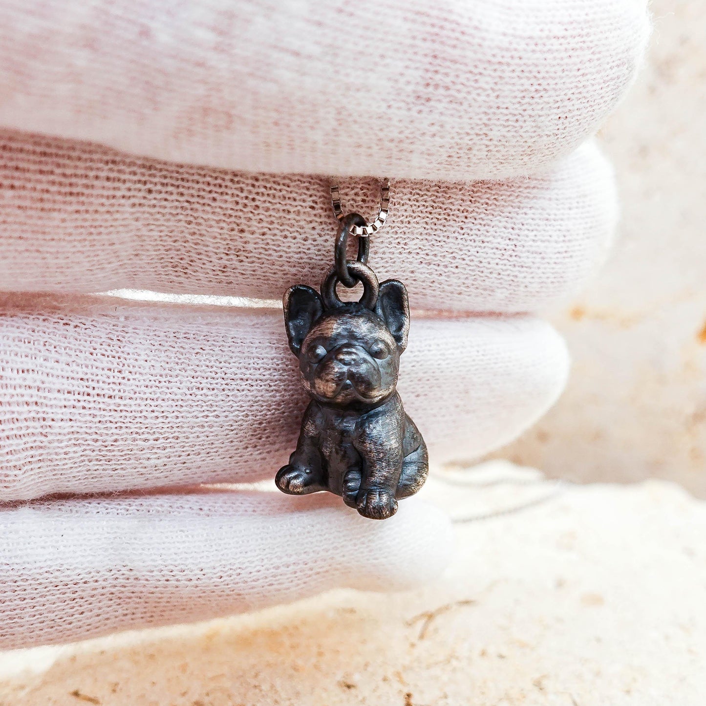 Oxidized Sterling Silver French Bulldog Pendant Necklace: Artisan Crafted