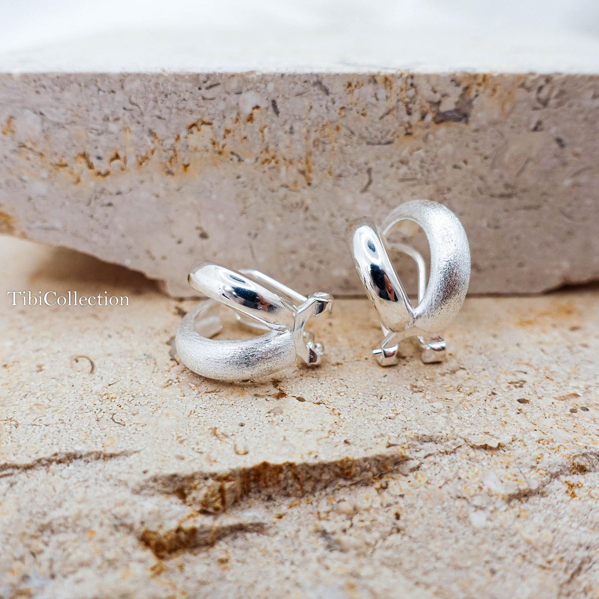 925 Sterling Silver Double Hoop Earrings, Mixed Texture Design Jewelry Gift for Her