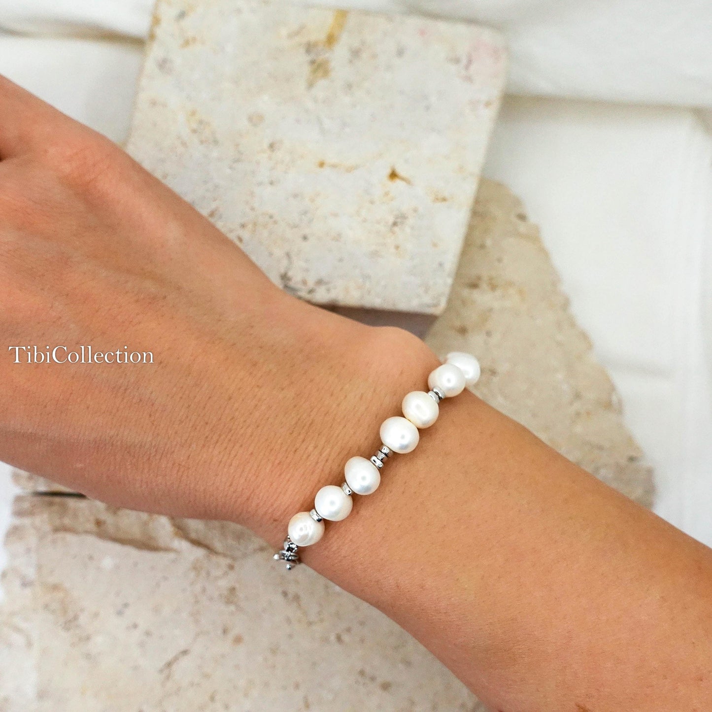Sterling Silver Freshwater Pearl Bracelet, Asymmetrical Adjustable Jewelry