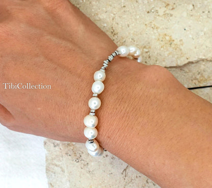 Sterling Silver Freshwater Pearl Bracelet, Asymmetrical Adjustable Jewelry