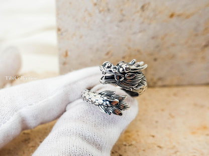 Sterling Silver Dragon Ring, Adjustable Unisex Loong Jewelry