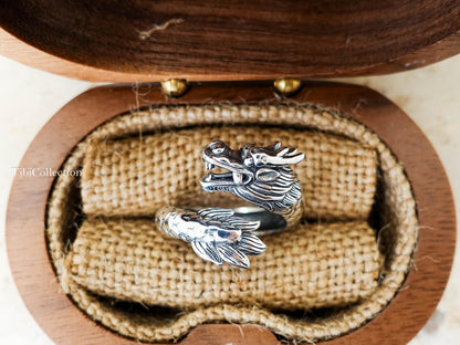 Sterling Silver Dragon Ring, Adjustable Unisex Loong Jewelry