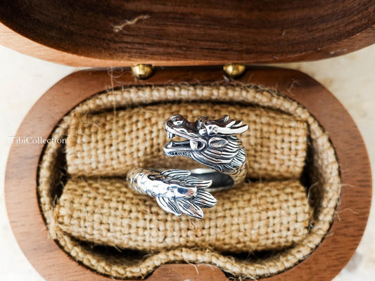 Sterling Silver Dragon Ring, Adjustable Unisex Loong Jewelry
