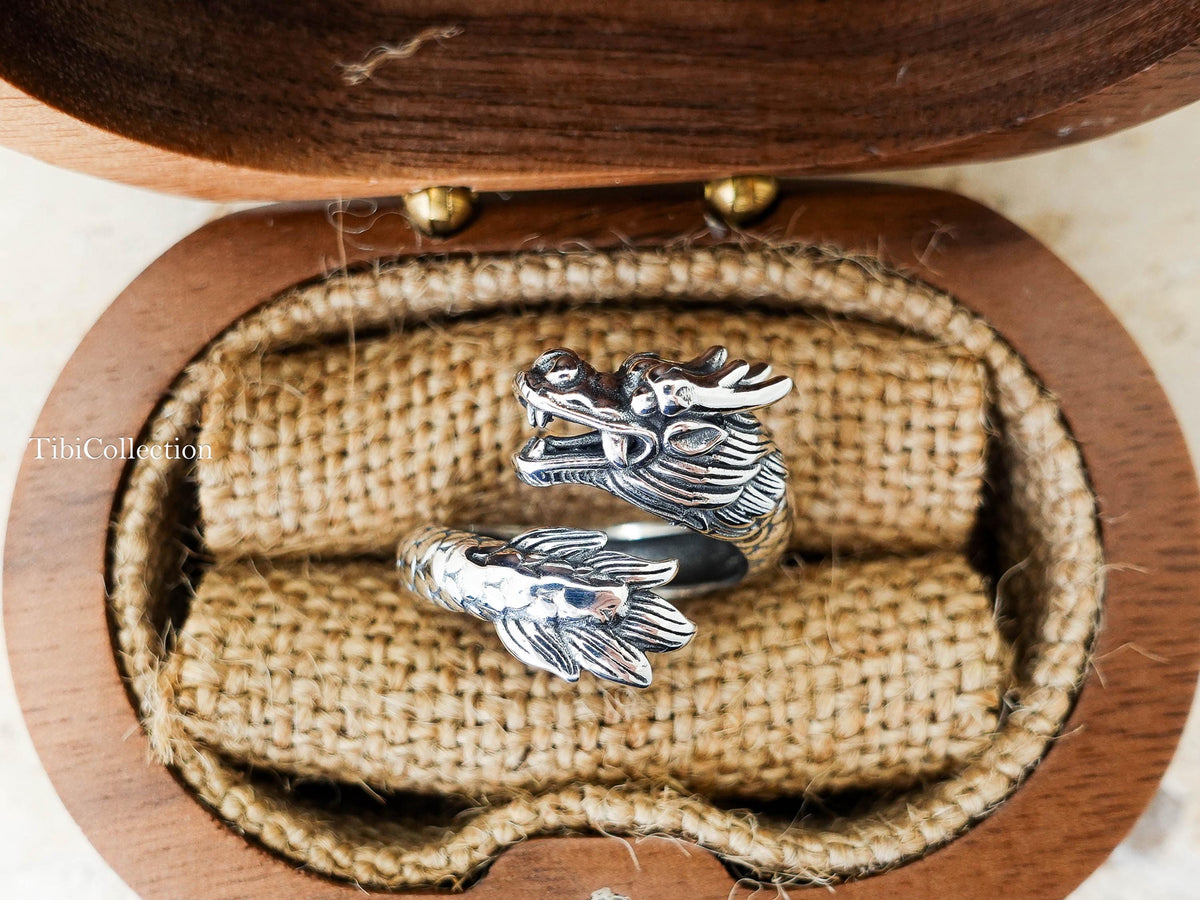Sterling Silver Dragon Ring, Adjustable Unisex Loong Jewelry