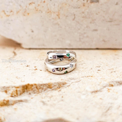 Huggie Hoop Earrings Sterling Silver, Colorful CZ Hoops Gift for Her