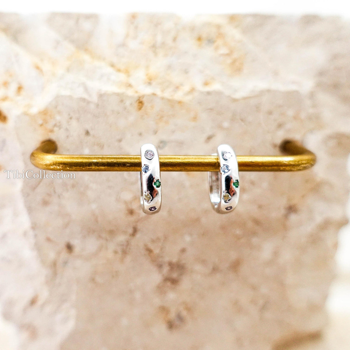 Huggie Hoop Earrings Sterling Silver, Colorful CZ Hoops Gift for Her