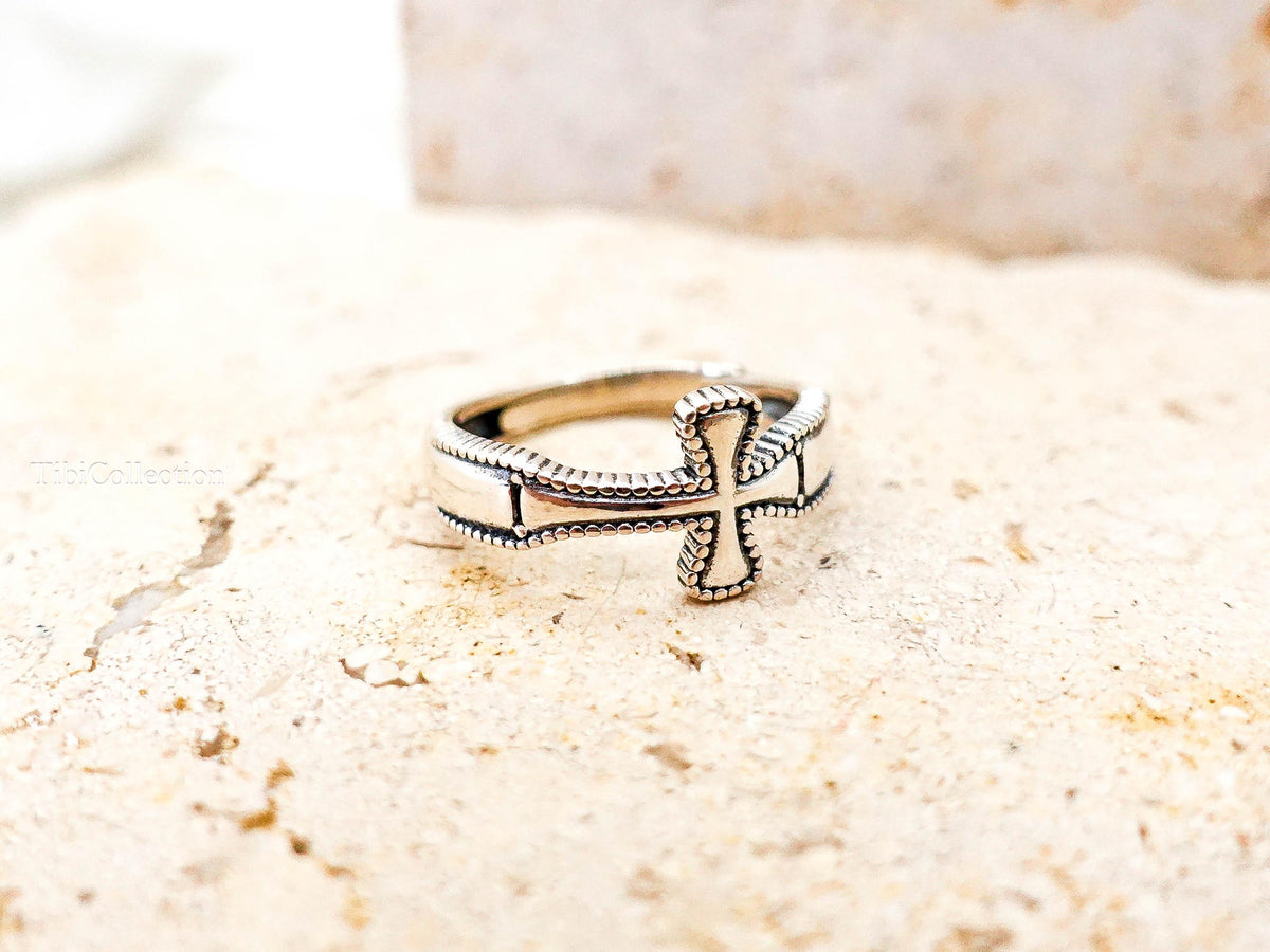 Sterling Silver Cross Ring, Adjustable Oxidized Unisex Celtic Cross Ring for Men Women Religious Jewelry Gift for Him Her