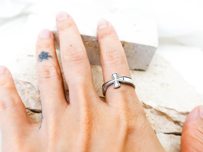 Sterling Silver Cross Ring, Adjustable Oxidized Unisex Celtic Cross Ring for Men Women Religious Jewelry Gift for Him Her