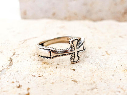 Sterling Silver Cross Ring, Adjustable Oxidized Unisex Celtic Cross Ring for Men Women Religious Jewelry Gift for Him Her