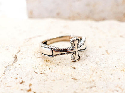 Sterling Silver Cross Ring, Adjustable Oxidized Unisex Celtic Cross Ring for Men Women Religious Jewelry Gift for Him Her