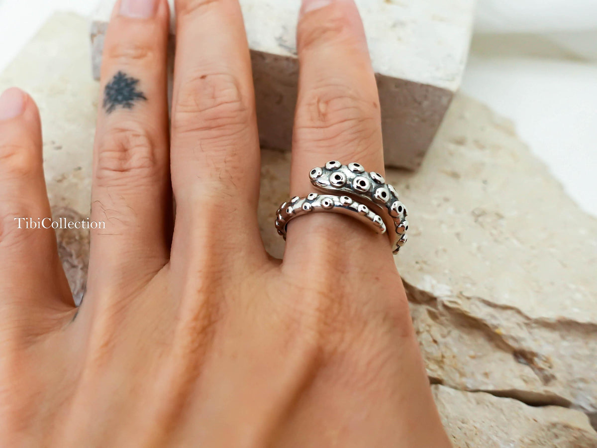 Sterling Silver Octopus Ring, Unisex Adjustable Thumb Open Ring, Gift for Her Him