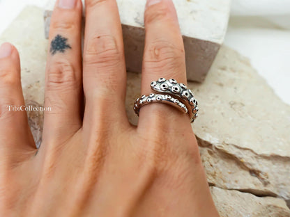 Sterling Silver Octopus Ring, Unisex Adjustable Thumb Open Ring, Gift for Her Him