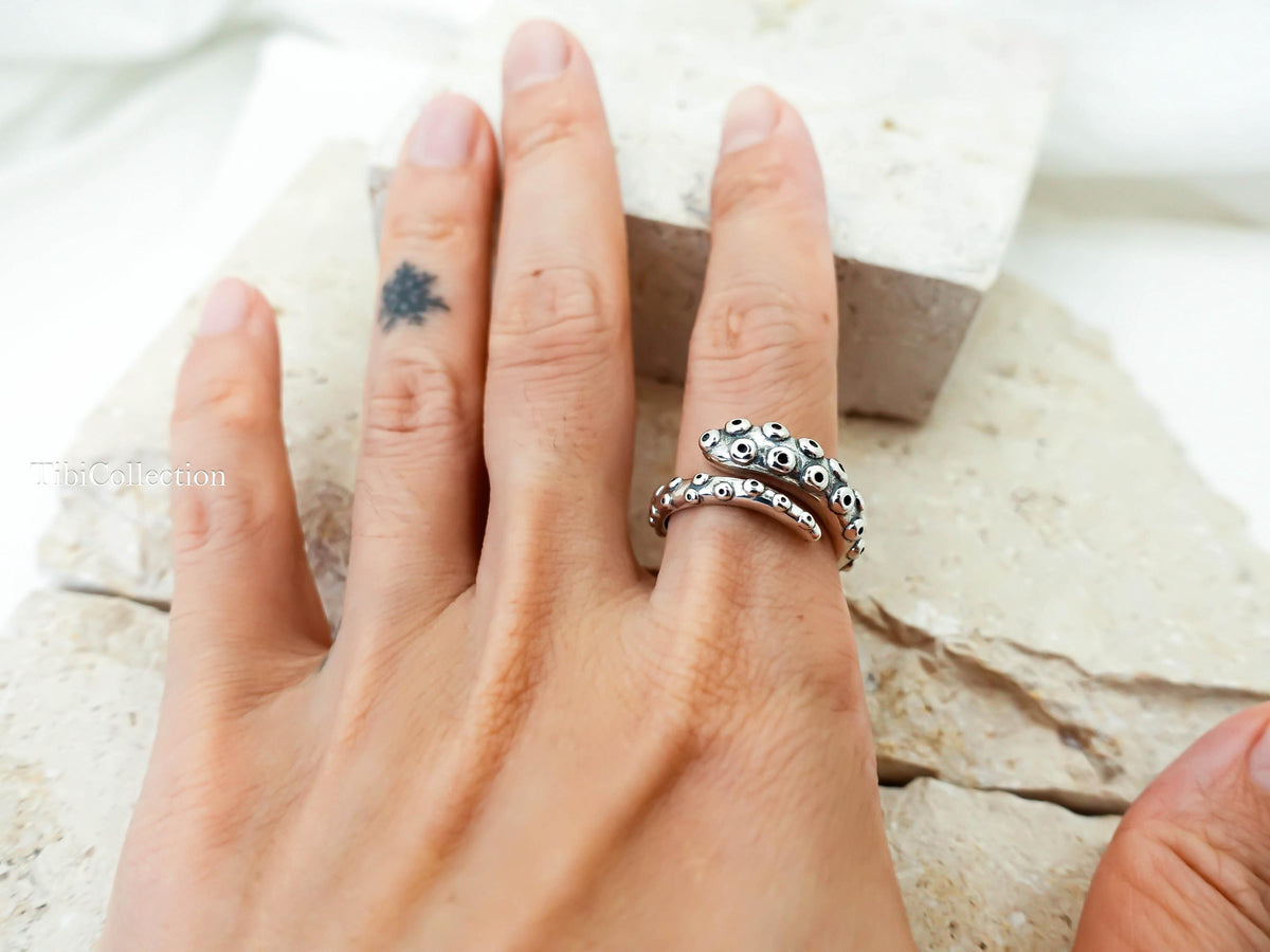 Sterling Silver Octopus Ring, Unisex Adjustable Thumb Open Ring, Gift for Her Him