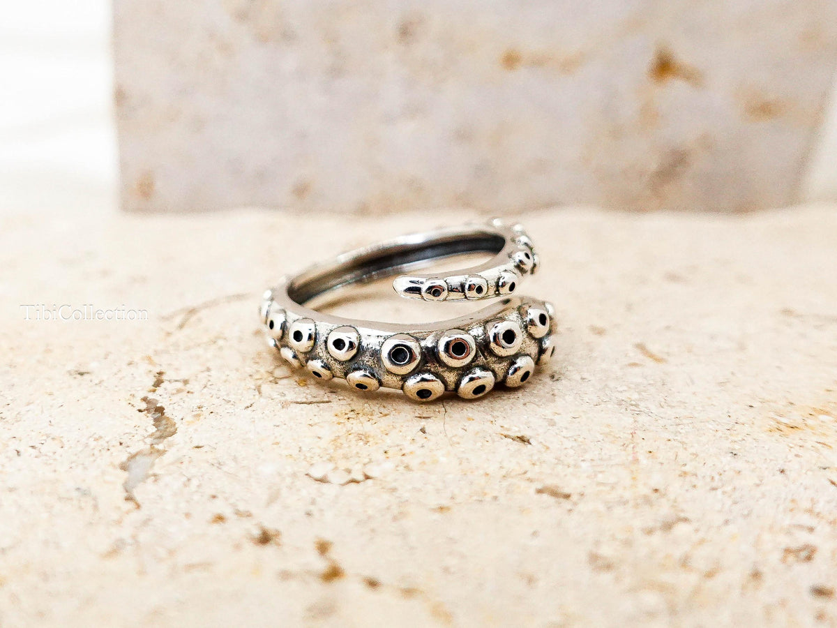Sterling Silver Octopus Ring, Unisex Adjustable Thumb Open Ring, Gift for Her Him