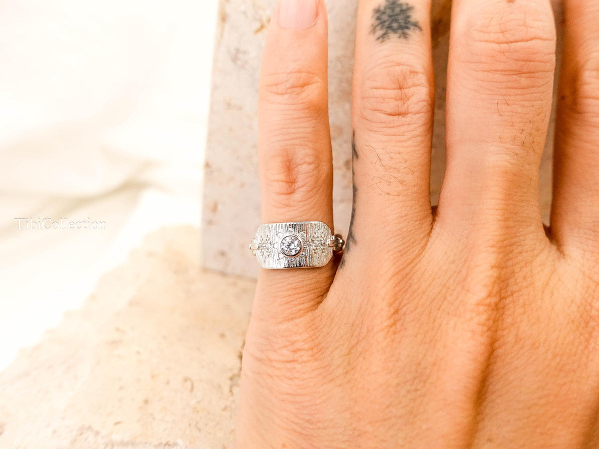 Sterling Silver North Star Pinky Ring, CZ Celestial Jewelry