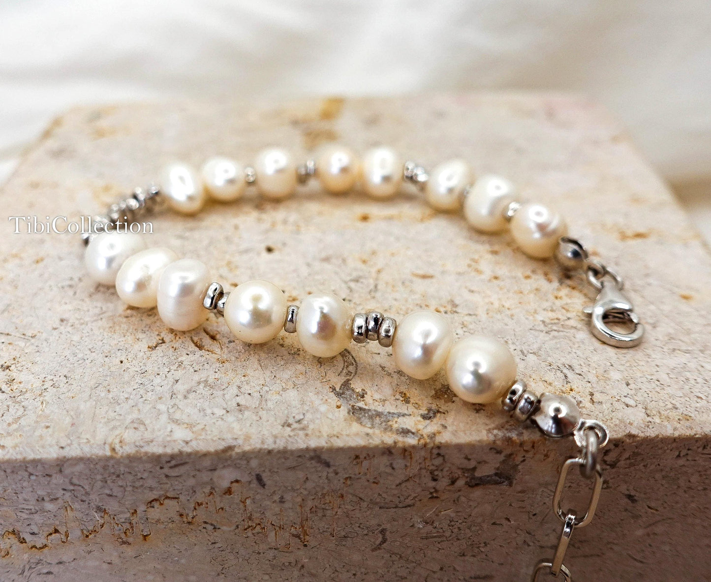 Sterling Silver Freshwater Pearl Bracelet, Asymmetrical Adjustable Jewelry