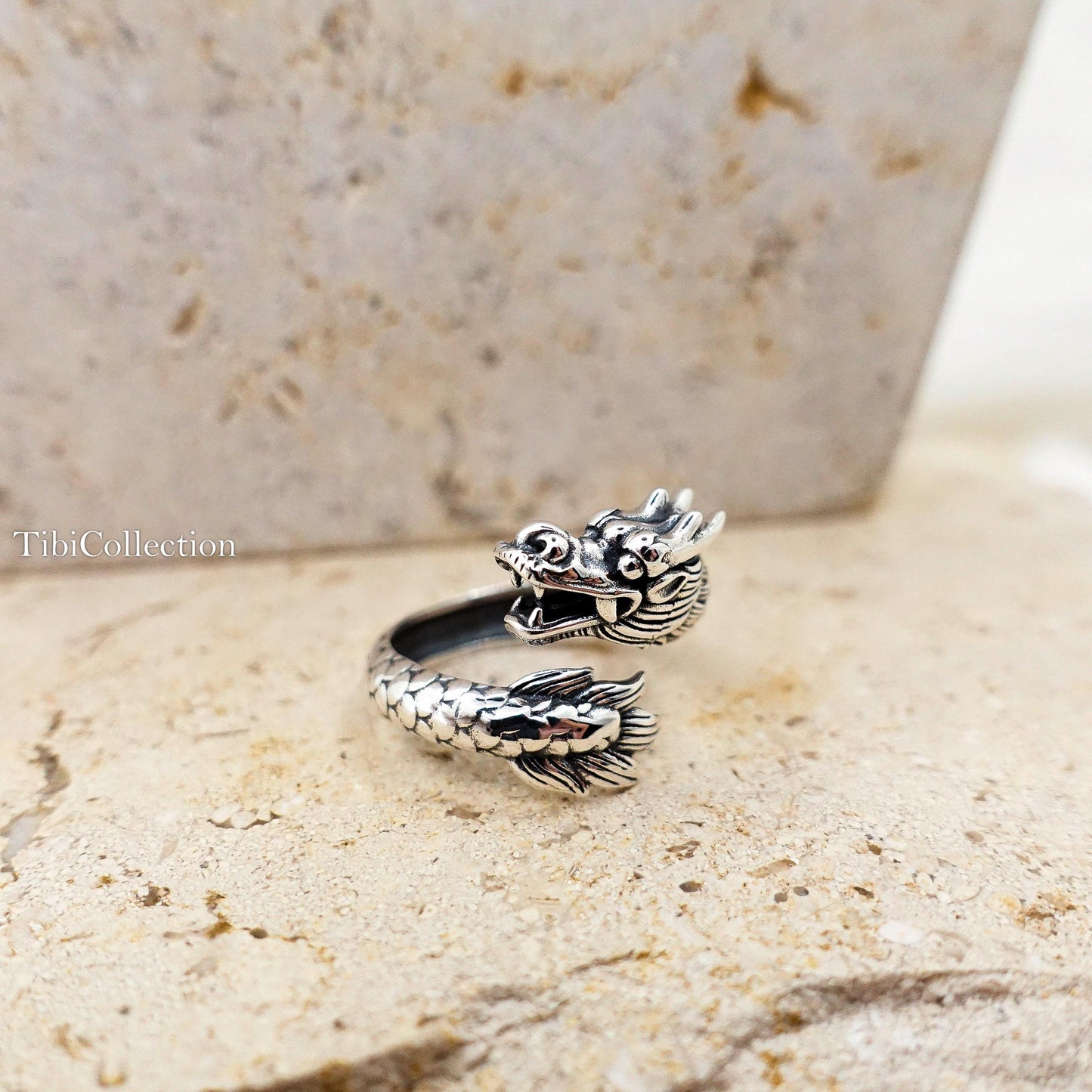 Sterling Silver Dragon Ring, Adjustable Unisex Loong Jewelry