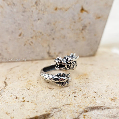 Sterling Silver Dragon Ring, Adjustable Unisex Loong Jewelry