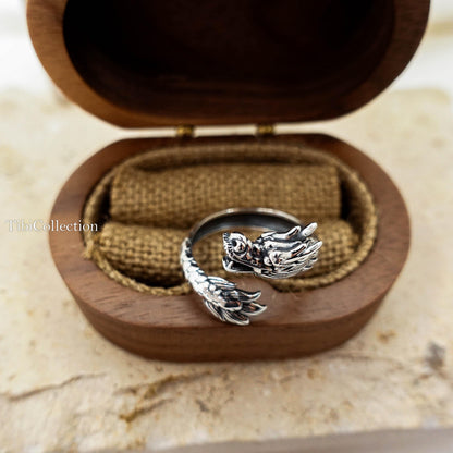 Sterling Silver Dragon Ring, Adjustable Unisex Loong Jewelry