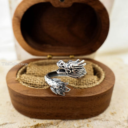 Sterling Silver Dragon Ring, Adjustable Unisex Loong Jewelry