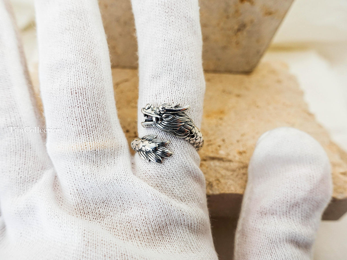 Sterling Silver Dragon Ring, Adjustable Unisex Loong Jewelry