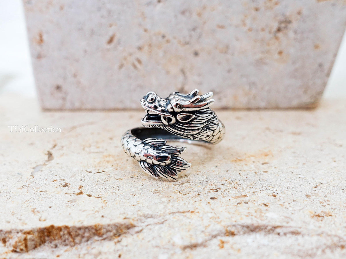 Sterling Silver Dragon Ring, Adjustable Unisex Loong Jewelry