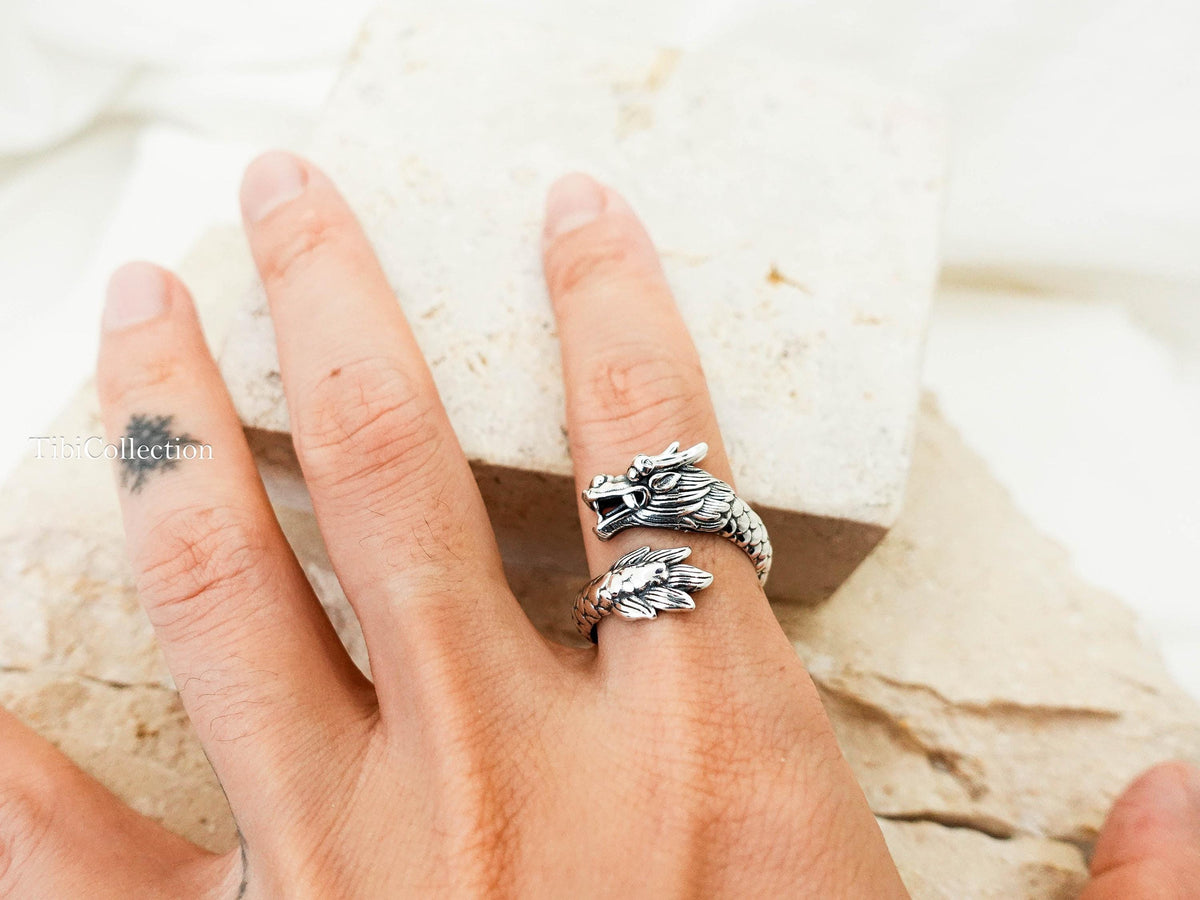 Sterling Silver Dragon Ring, Adjustable Unisex Loong Jewelry