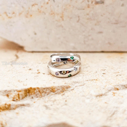 Huggie Hoop Earrings Sterling Silver, Colorful CZ Hoops Gift for Her