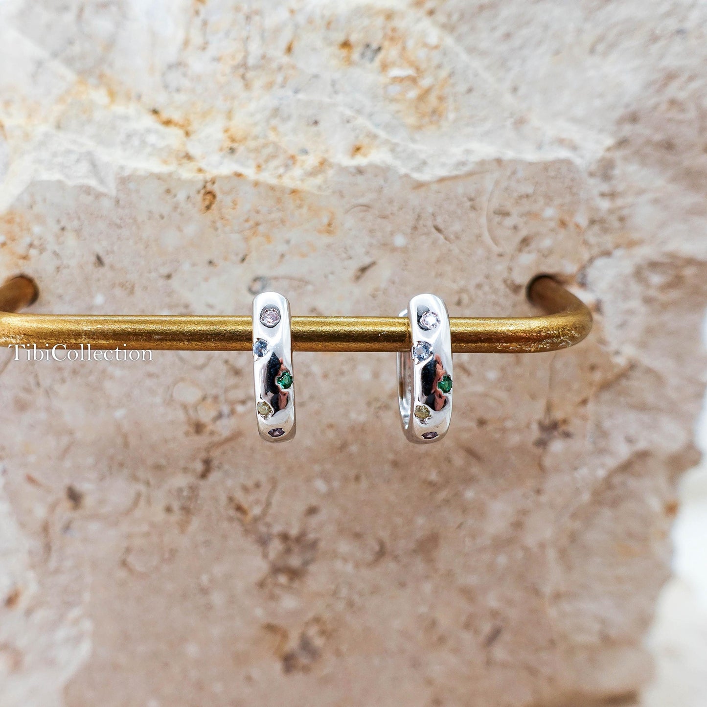 Huggie Hoop Earrings Sterling Silver, Colorful CZ Hoops Gift for Her