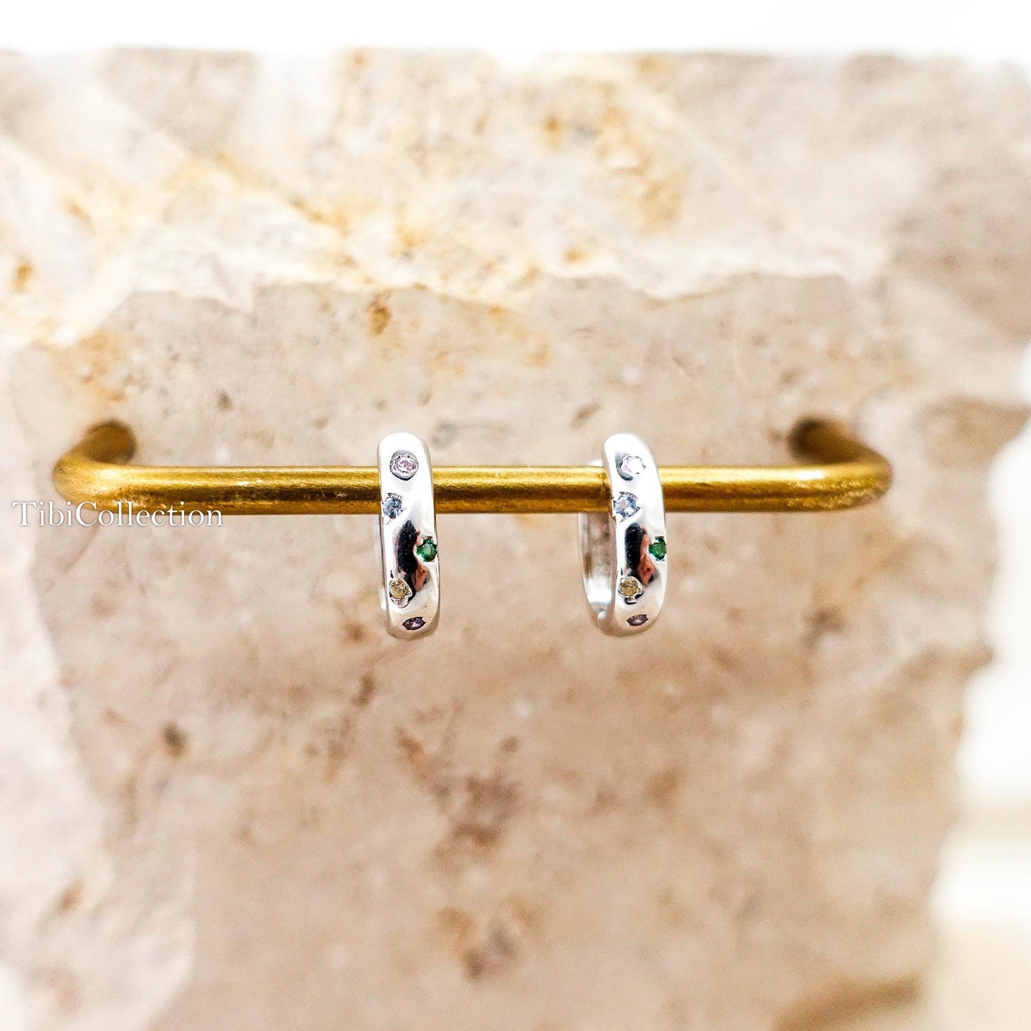 Huggie Hoop Earrings Sterling Silver, Colorful CZ Hoops Gift for Her