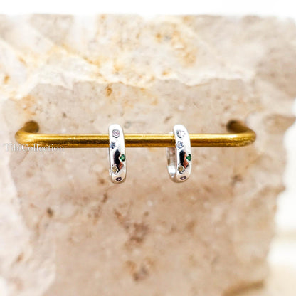 Huggie Hoop Earrings Sterling Silver, Colorful CZ Hoops Gift for Her