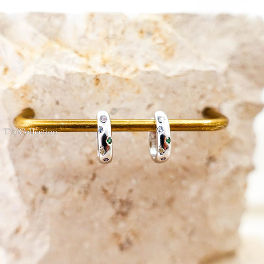 Huggie Hoop Earrings Sterling Silver, Colorful CZ Hoops Gift for Her