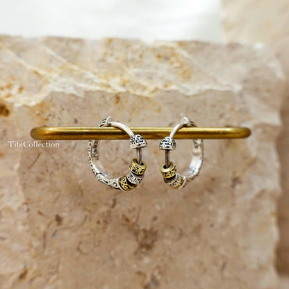 Two Tone Sterling Silver Spinning Hoop Earrings, Unisex Boho Jewelry