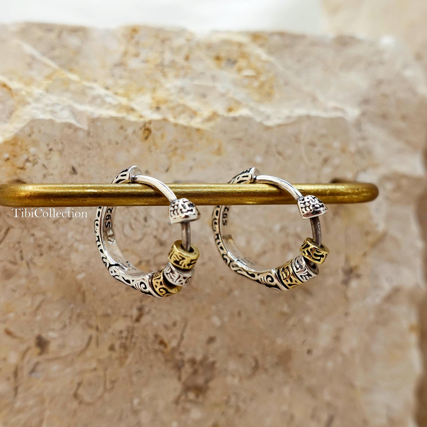Two Tone Sterling Silver Spinning Hoop Earrings, Unisex Boho Jewelry