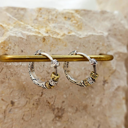 Two Tone Sterling Silver Spinning Hoop Earrings, Unisex Boho Jewelry