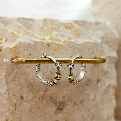 Two Tone Sterling Silver Spinning Hoop Earrings, Unisex Boho Jewelry