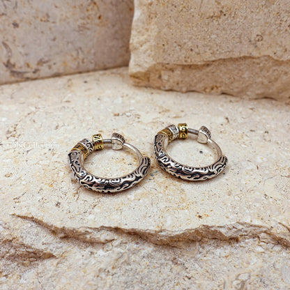 Two Tone Sterling Silver Spinning Hoop Earrings, Unisex Boho Jewelry