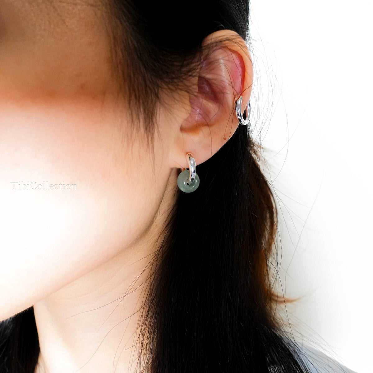 925 Sterling Silver 2-in-1 Double Hoop Earrings, Green Jade Huggie Hoops Gift for Her