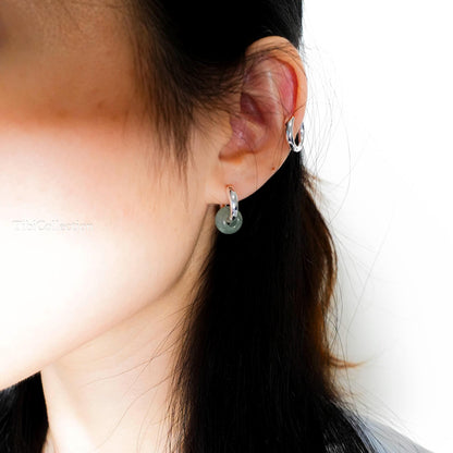 925 Sterling Silver 2-in-1 Double Hoop Earrings, Green Jade Huggie Hoops Gift for Her